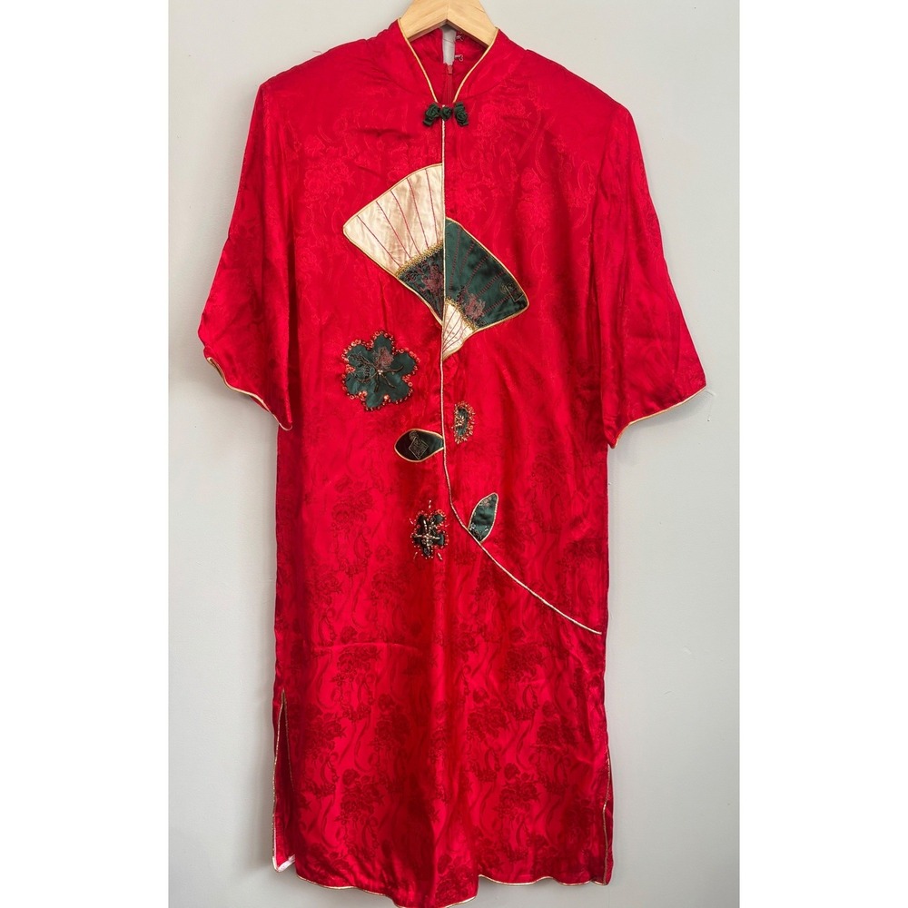 Vtg 90s Red Dress M Asian Chinese Jacquard Cheongsam‎ Dress Beaded Fan Floral